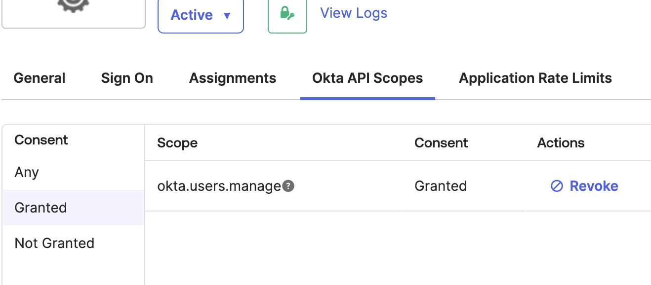 okta api scopes granted tab