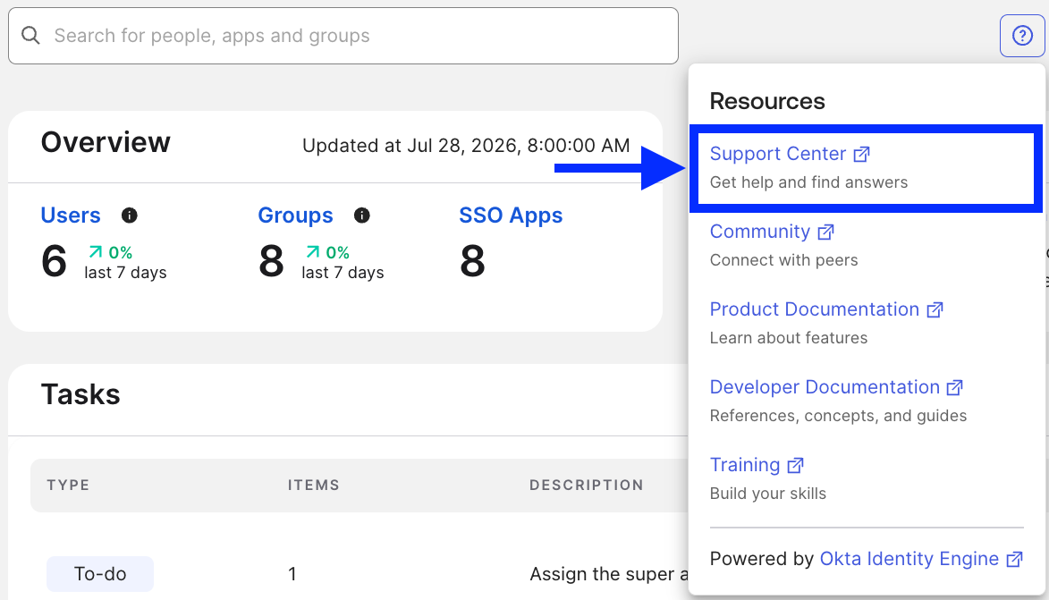 Admin Console with question icon clicked