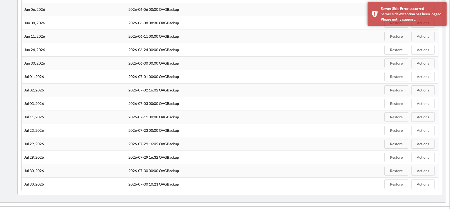Server Side Error occurred