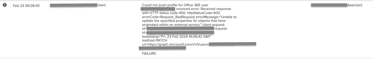 Unable to update the specified properties for objects that have originated within an external service.