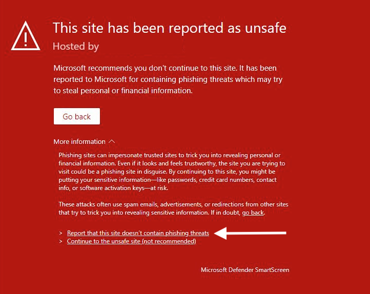Report that this site doesn't contain phishing threats