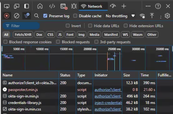 Example of network trace showing the long loading time caused by PassProtect