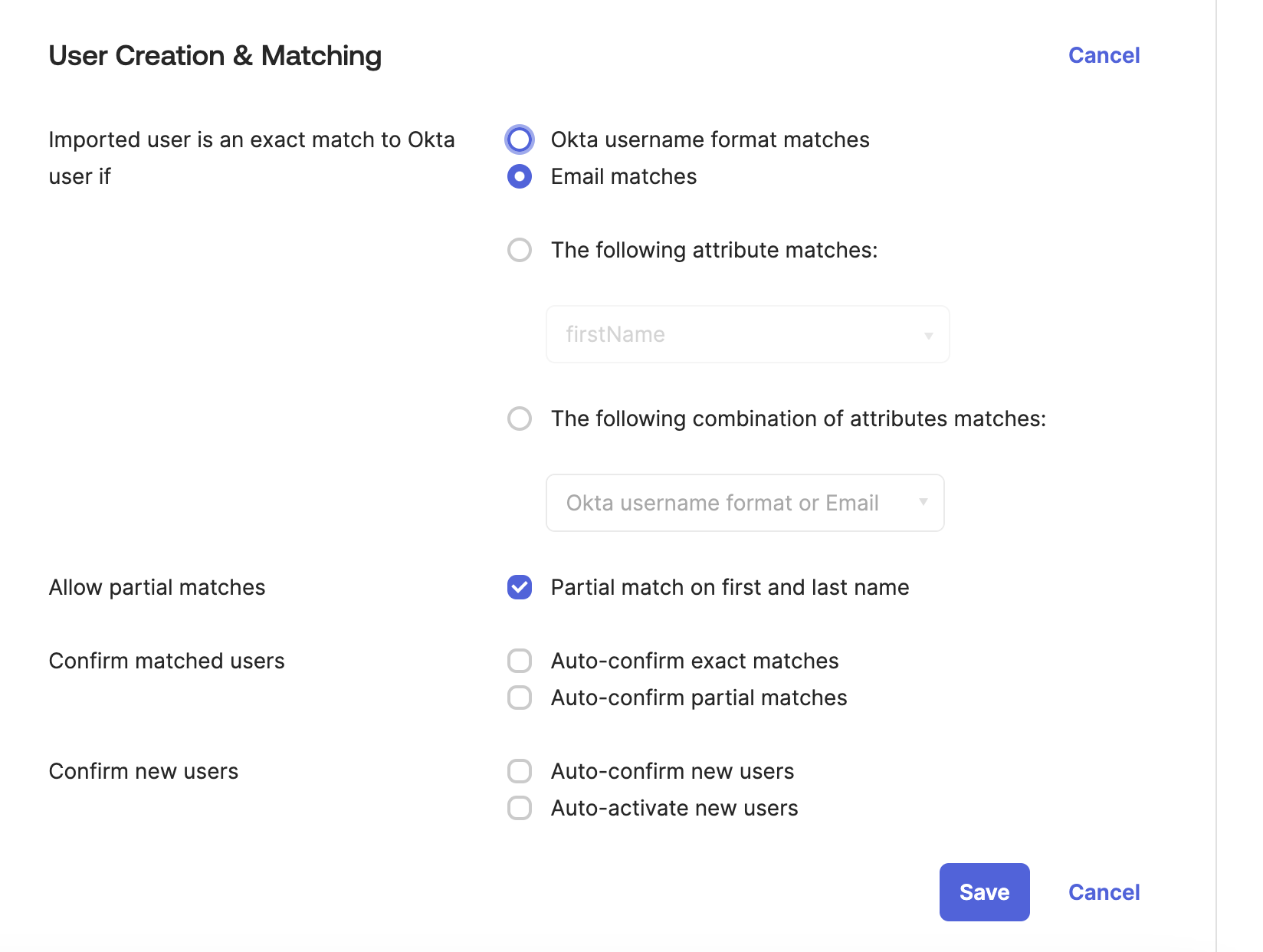 User Creation &amp; Matching