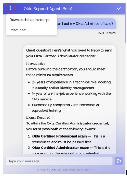Okta Support Agent - Button to download chat transcript