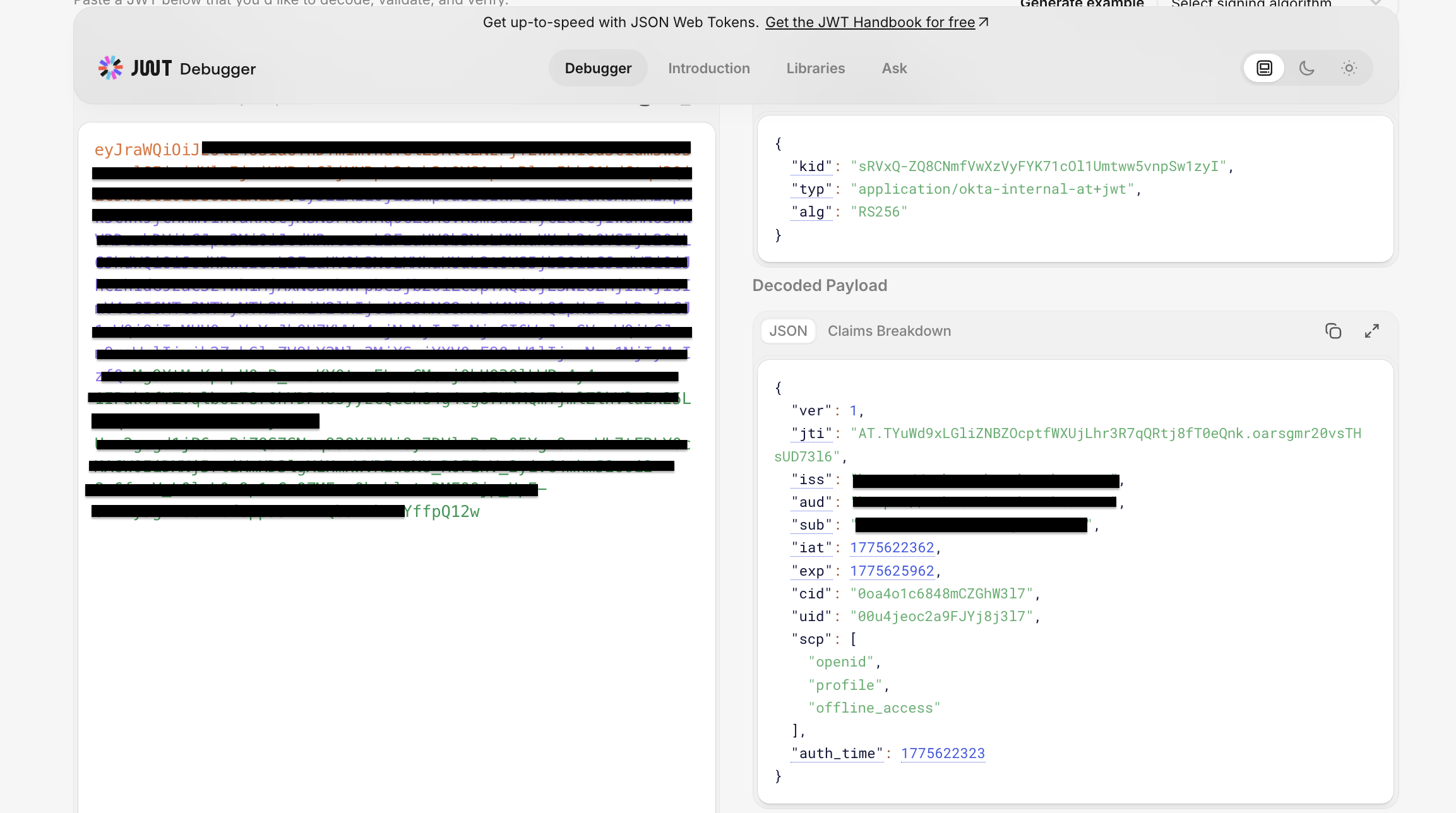 decoded JSON Web Token (JWT) displaying the header and payload claims
