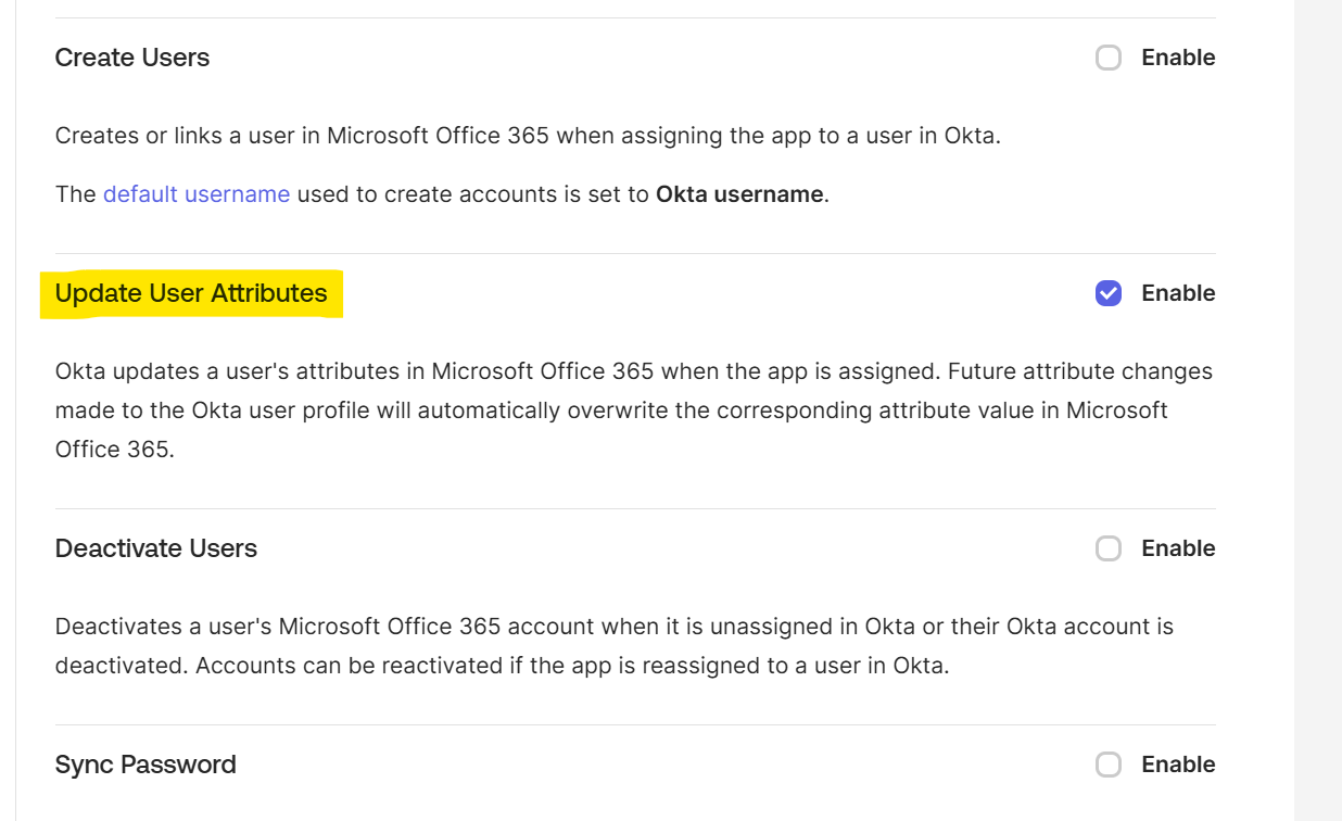 Update User Attributes setting