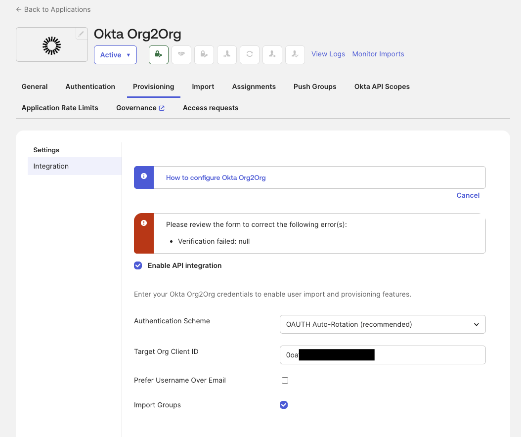 Okta Org2Org Verification failed null error