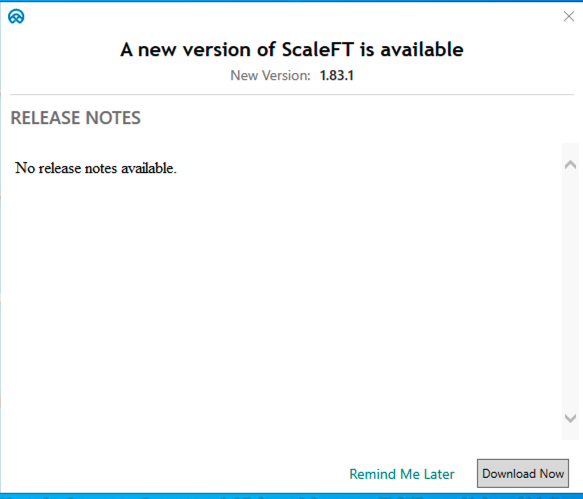 A pop-up window displaying the message No release notes available
