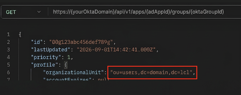 Okta app group profile displaying organizationalUnit value