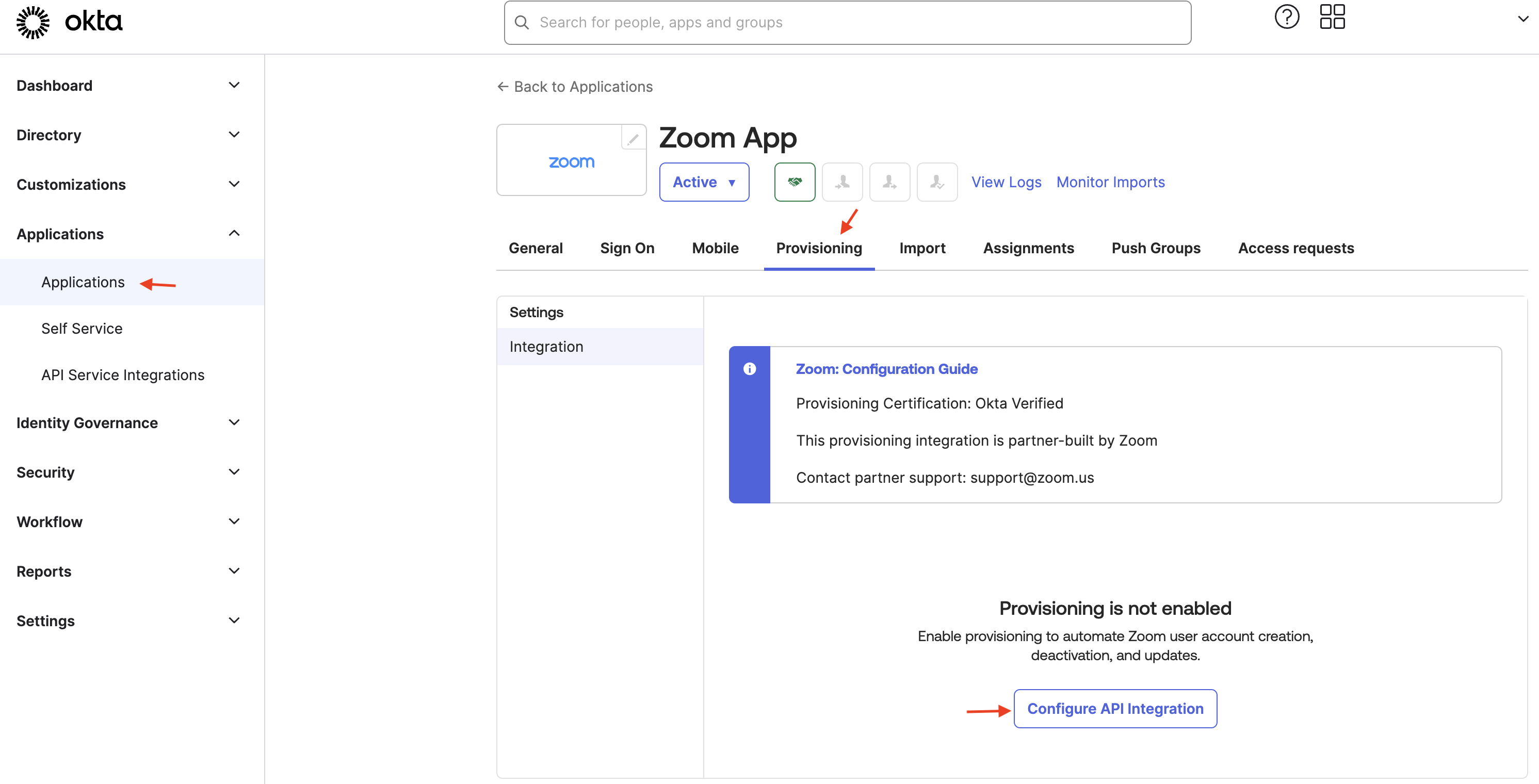 Zoom Provisioning tab