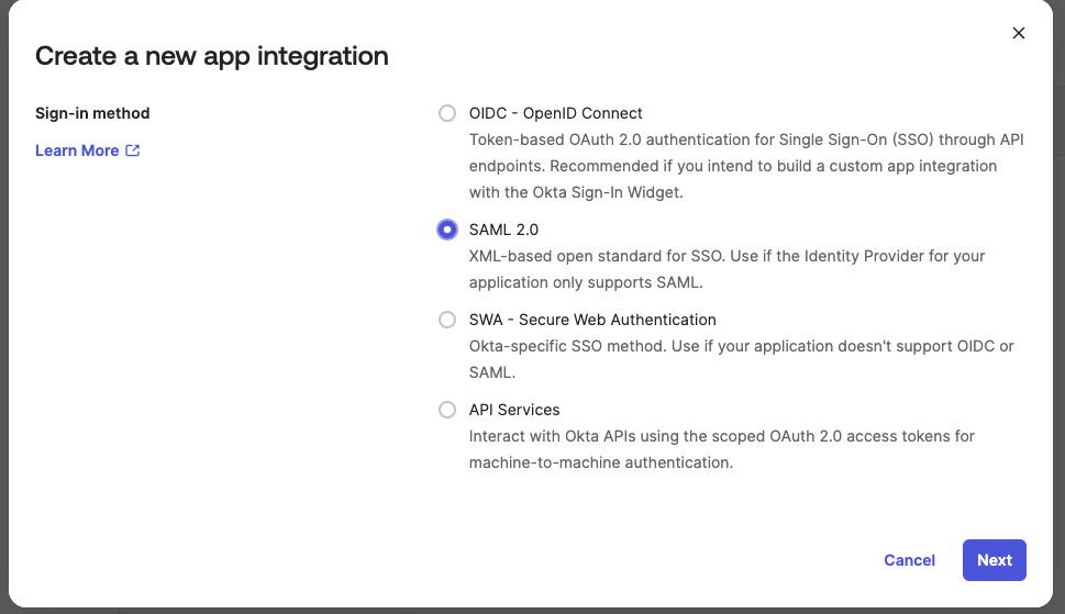 Create a new app integration