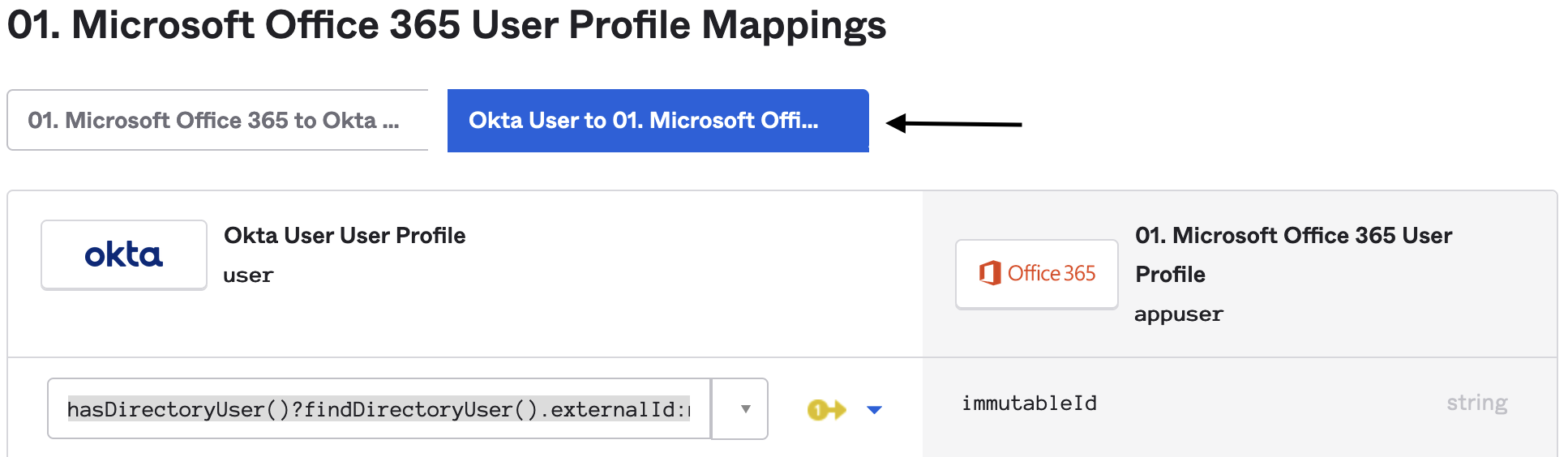 Okta User to Office 365 section