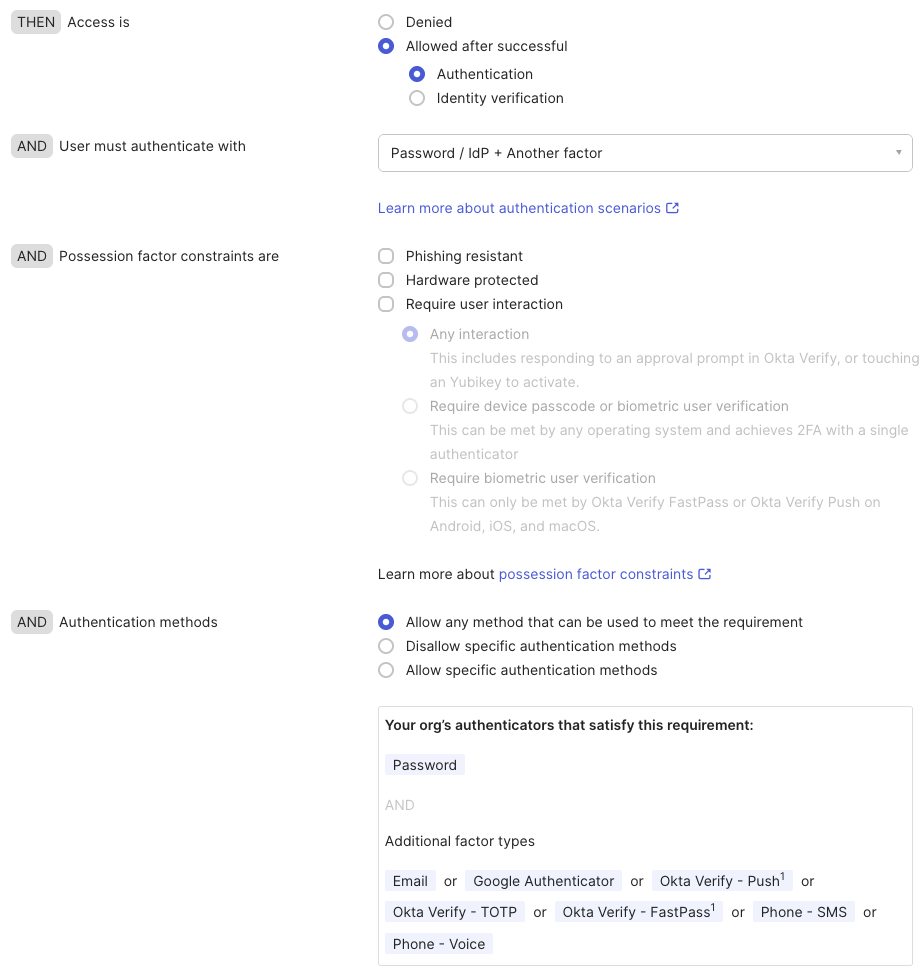 Okta Account Management Policy factor configuration
