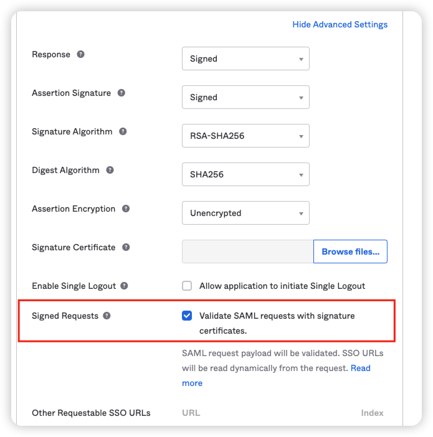 Validate SAML requests with signature certificates
