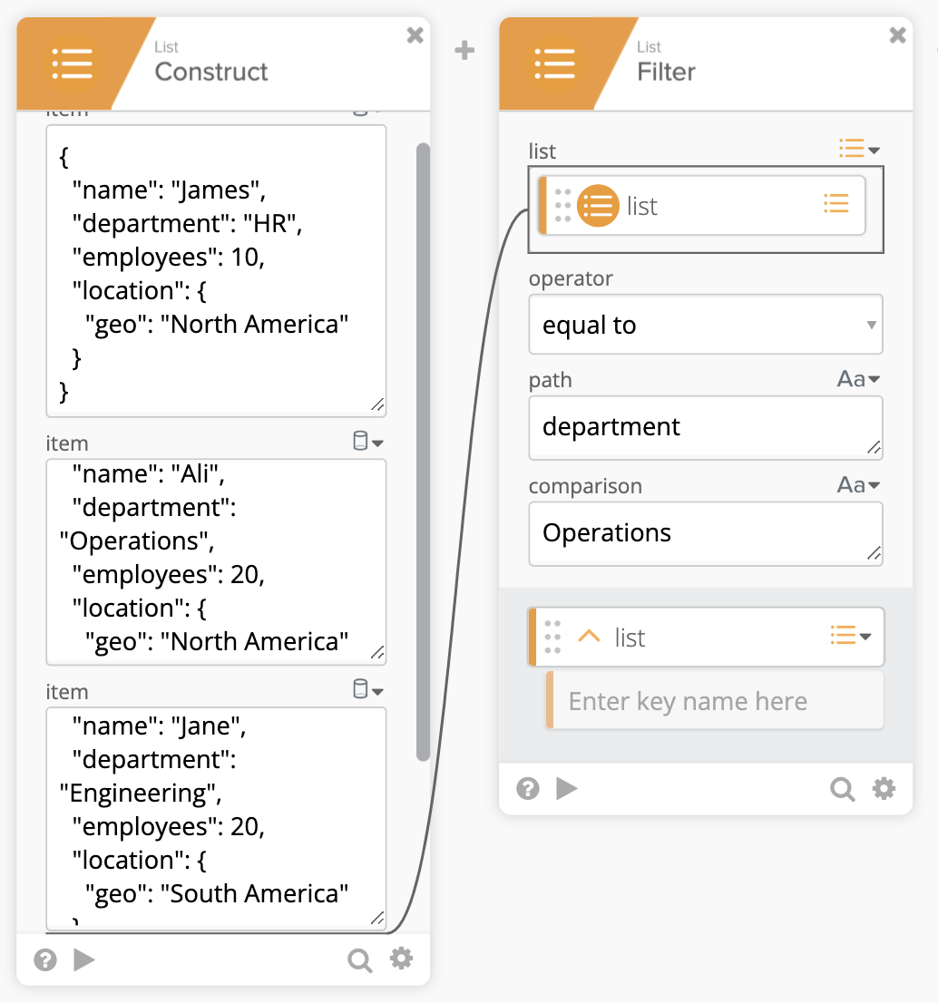 Okta Workflows List Filter card configured to filter objects by the department path equal to Operations