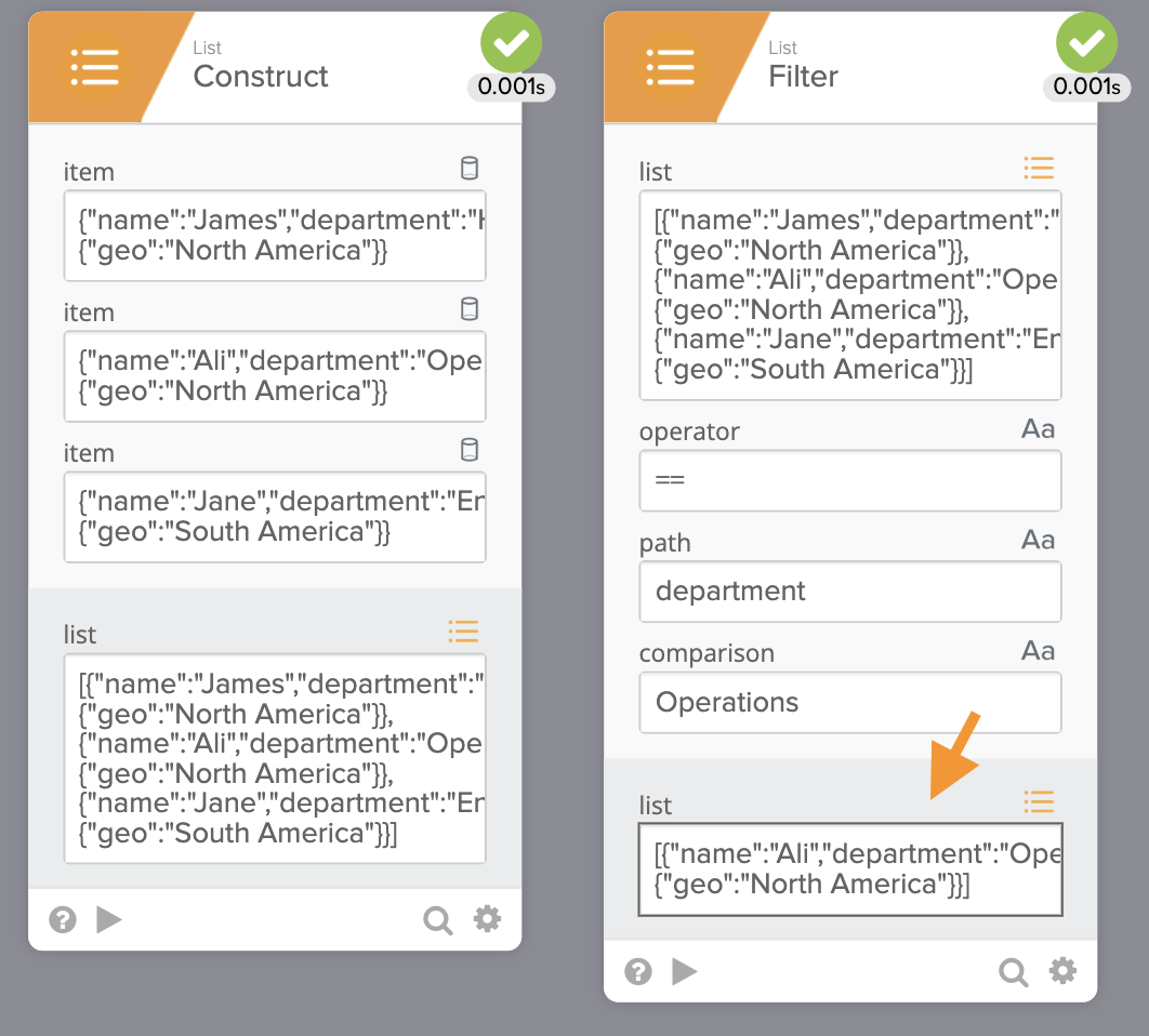 Execution history showing the List Filter card returning one object with the Operations department