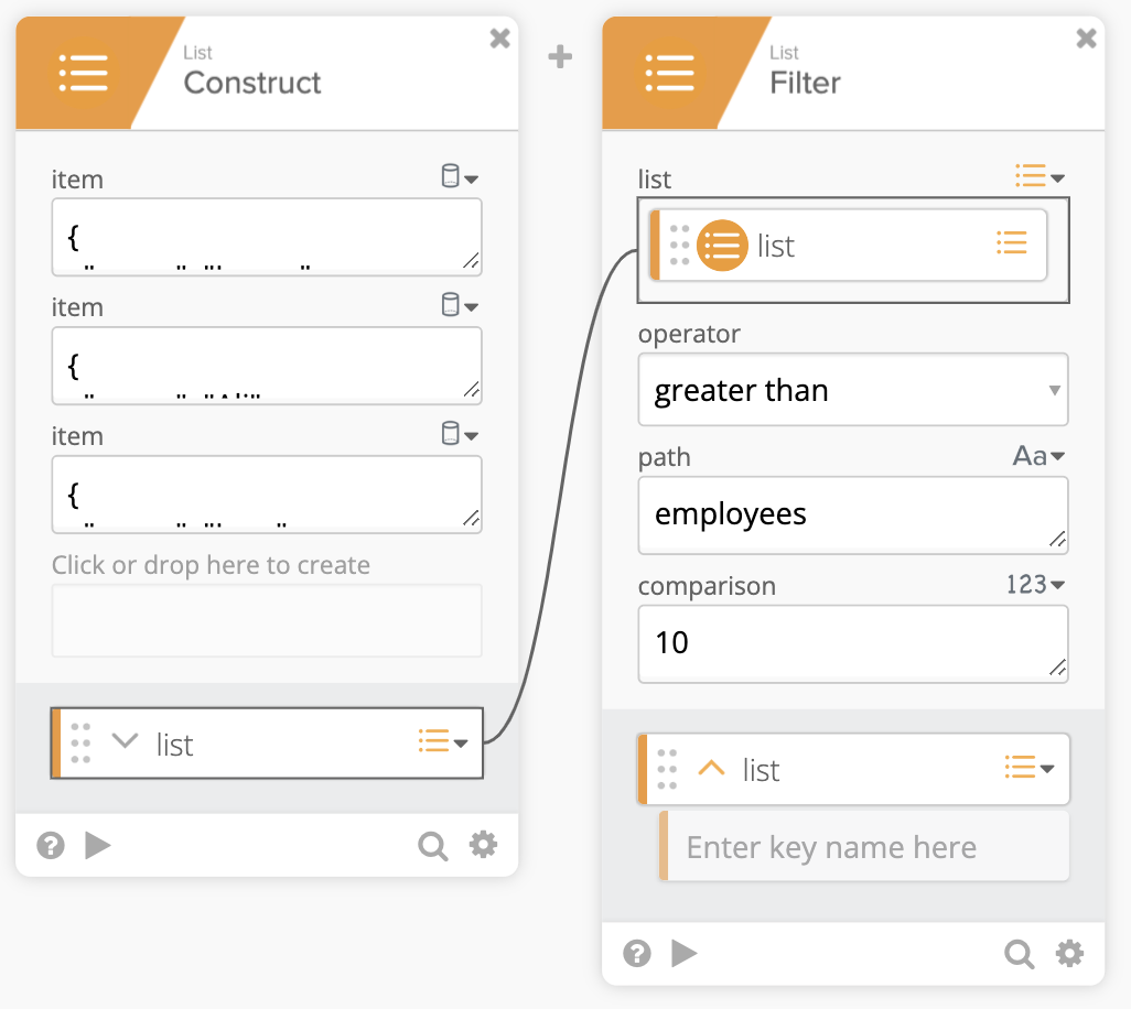 Okta Workflows List Filter card configured to filter objects by the employees path greater than or equal to 10