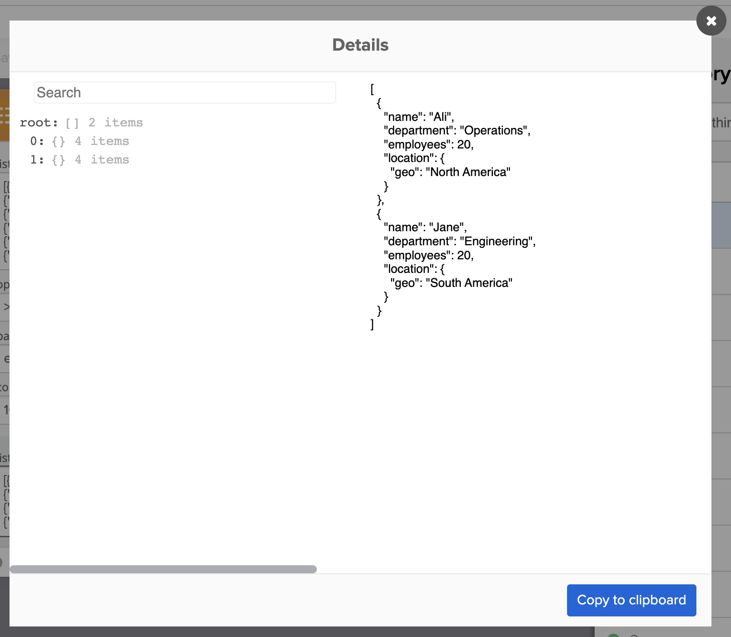 Expanded execution history showing the detailed object data returned by the filter
