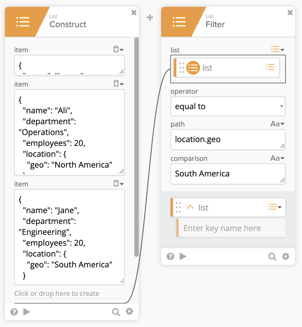 Okta Workflows List Filter card configured to filter objects by the nested location.geo path equal to North America