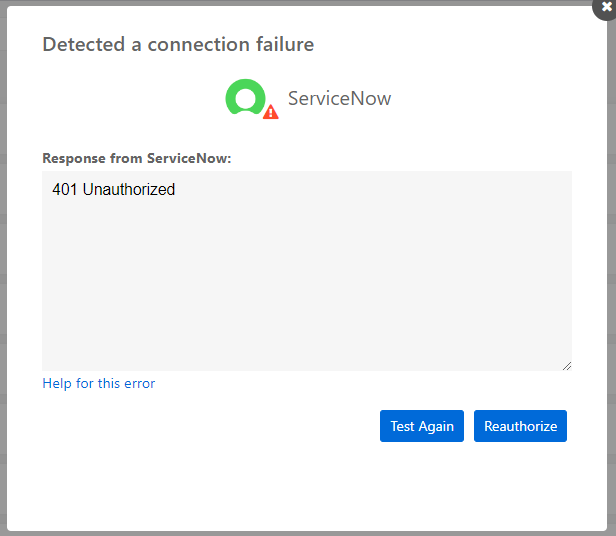 ServiceNow 401 Unauthorized error message