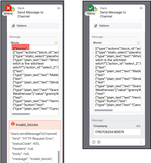 incorrect payload vs. a successful example