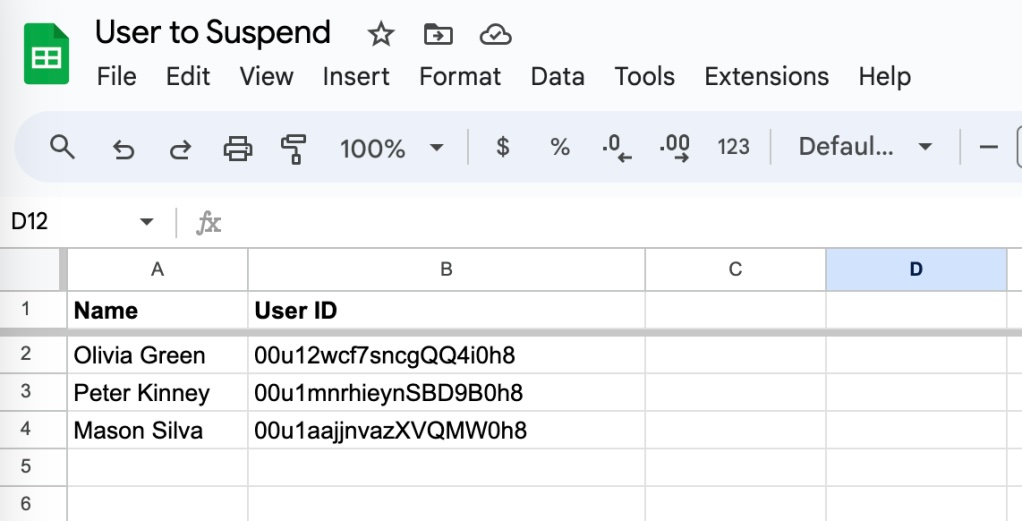 Excel table displaying a list of users designated for suspension