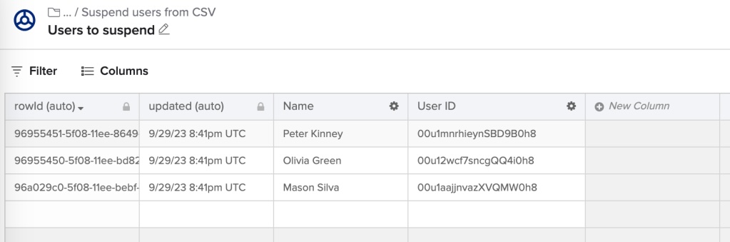 Okta Workflows table displaying the imported user data