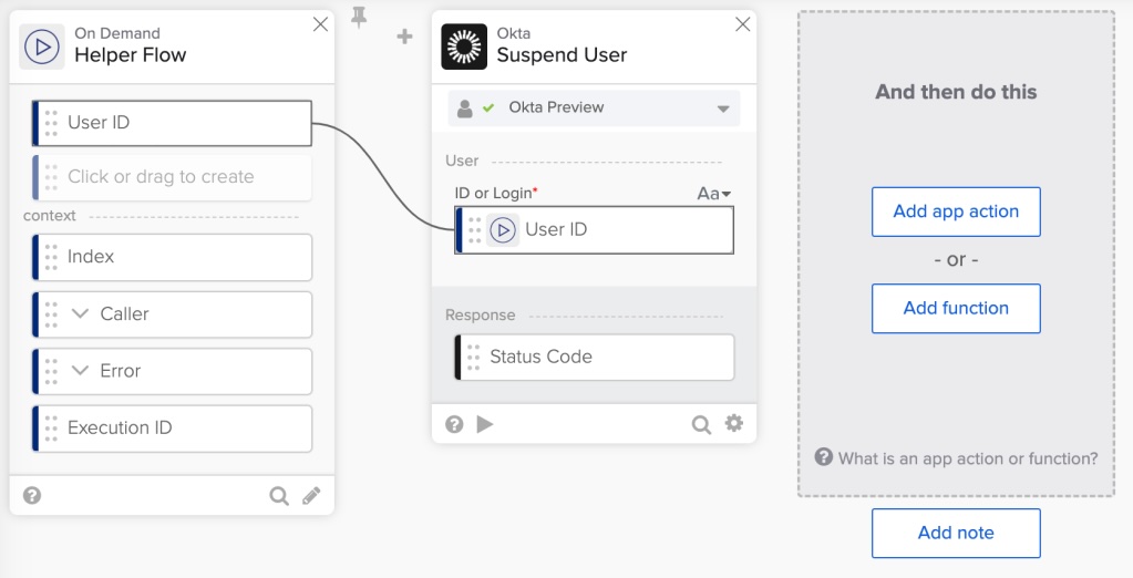 Okta Workflows helper flow configuration displaying the Helper Flow and Suspend User cards