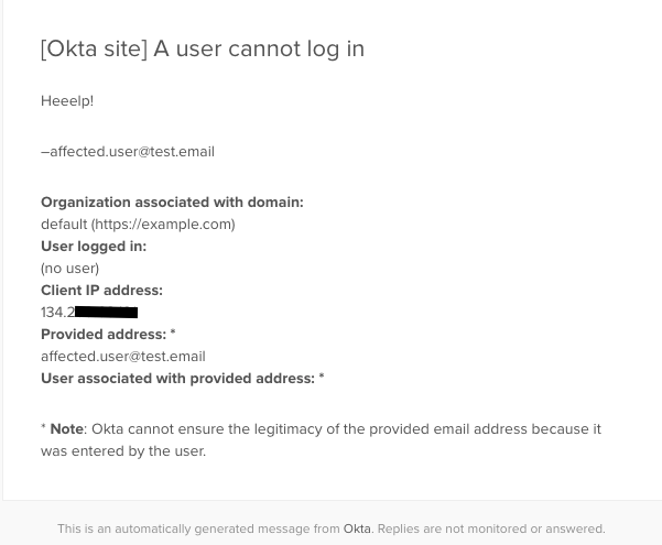 Screenshot that presents example of request help email (for example, 'Cannot log in')