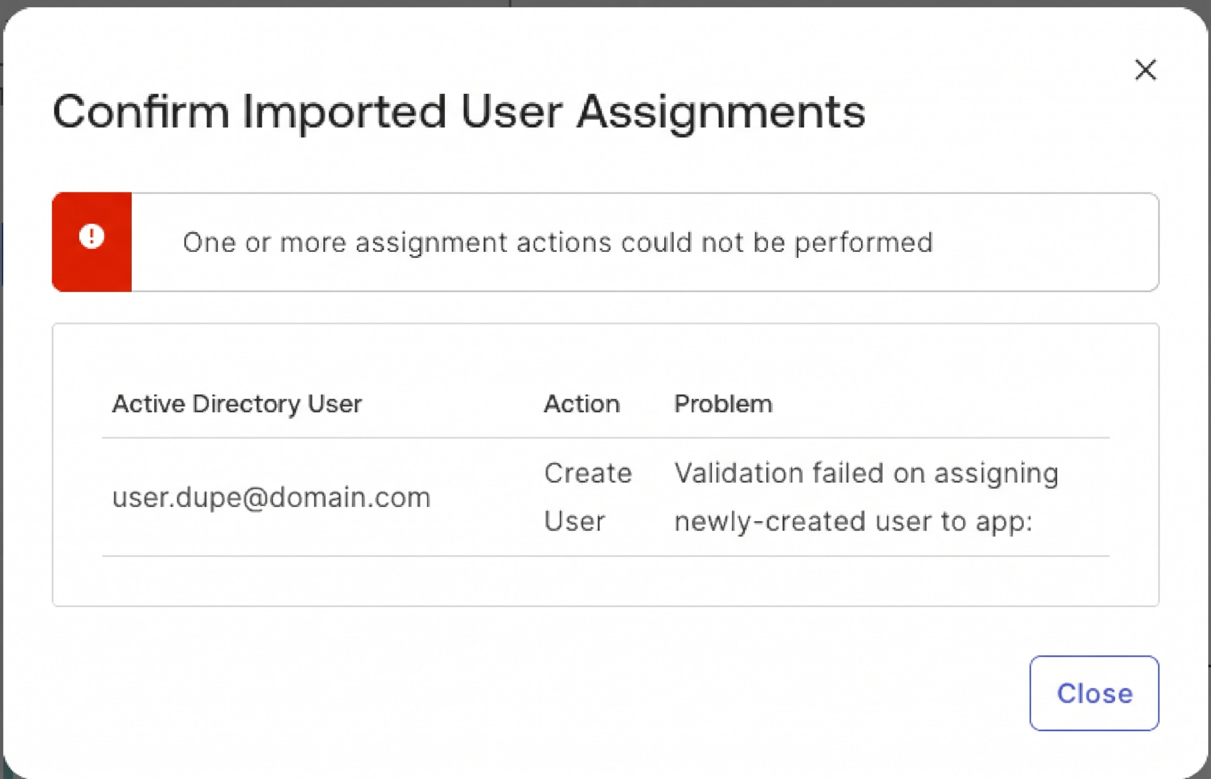 Confirm Imported User Assignments example with error