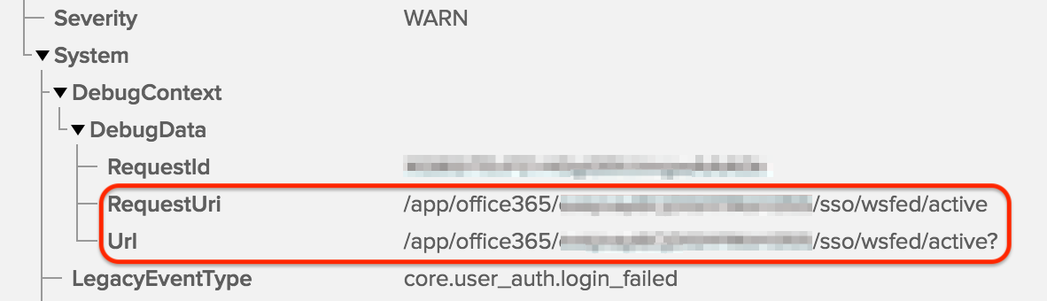 Okta System Log displaying the wsfed/active endpoint for legacy protocol traffic